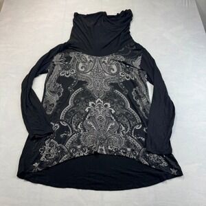 Skinny Minnie Tunic Top Womens 1X Black Paisley Rhinestone Long Sleeve Cowl Neck